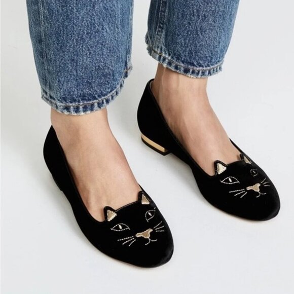 Charlotte Olympia Kitty Cat Black Velvet Flats Loafers Gold, EU 38 US 7.5-8 - Picture 5 of 12